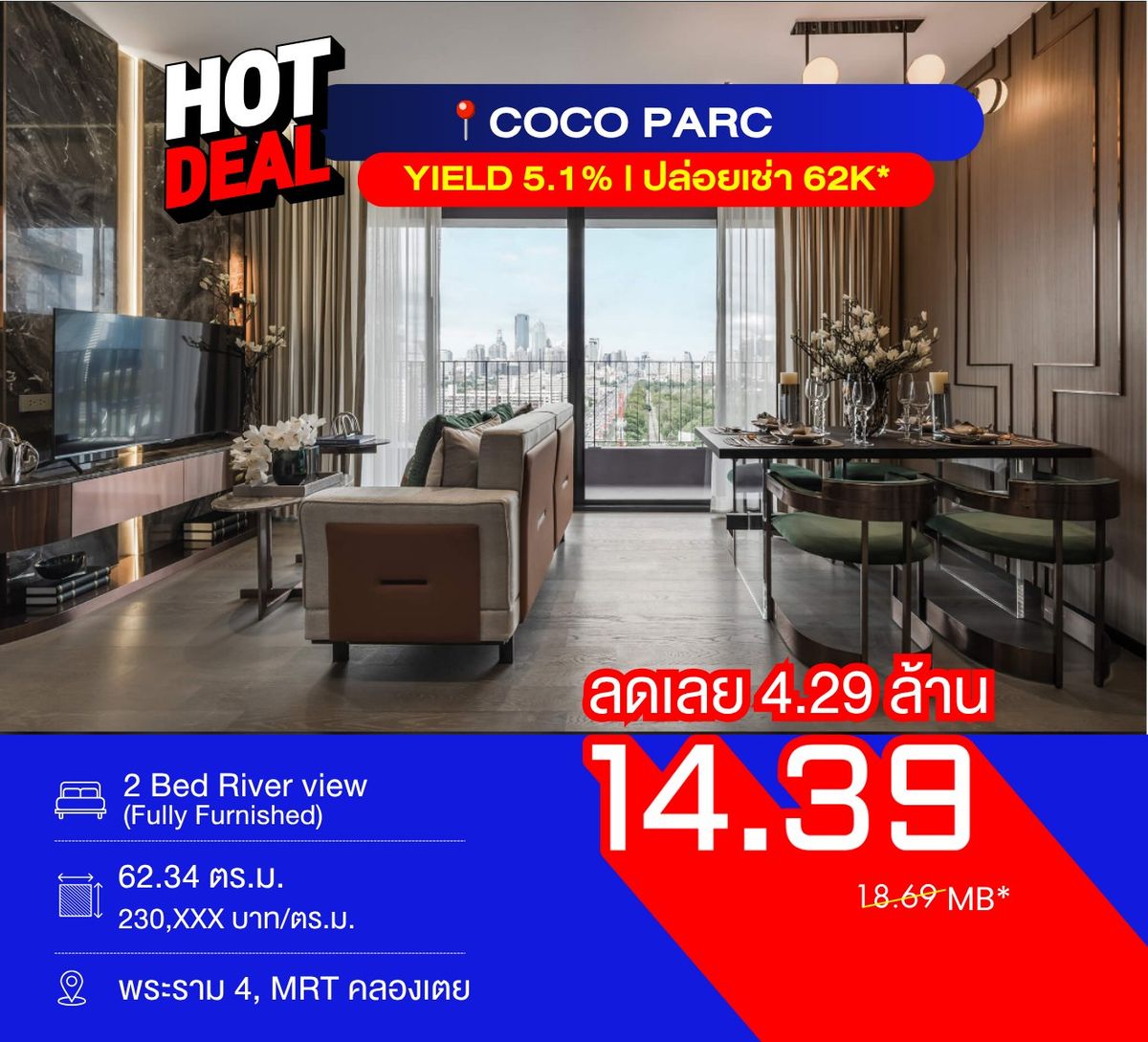 ขายคอนโดคลองเตย กล้วยน้ำไท : “โอกาสทอง! COCO Parc 2 Bed วิวแม่น้ำ 62 ตร.ม. 📍 พร้อมเข้าอยู่ | ราคาพิเศษ อย่าช้า!”