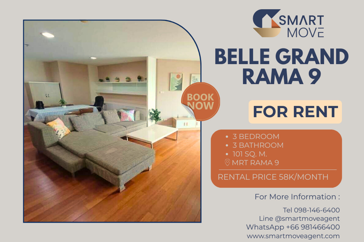 For RentCondoRama9, Petchburi, RCA : 🔥 For Rent !! 🔥 Code C20250600074..........Belle Grand Rama 9, 3 bedroom, 3 bathroom, high floor 10++, furnished, ready to move in 📣📣