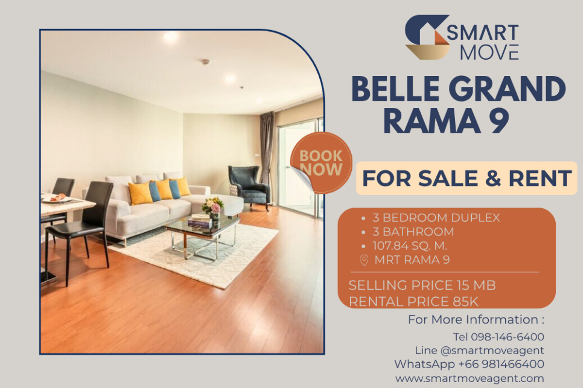 ให้เช่าคอนโดพระราม 9 เพชรบุรีตัดใหม่ RCA : 🔥 สำหรับขาย - เช่า !! 🔥 Code C20250600073..........Belle Grand Rama 9, 3 ห้องนอน, 3 ห้องน้ำ Duplex, ชั้นสูง 24++, แต่งครบ, พร้อมเข้าอยู่, ราคาพิเศษ!! 📣📣