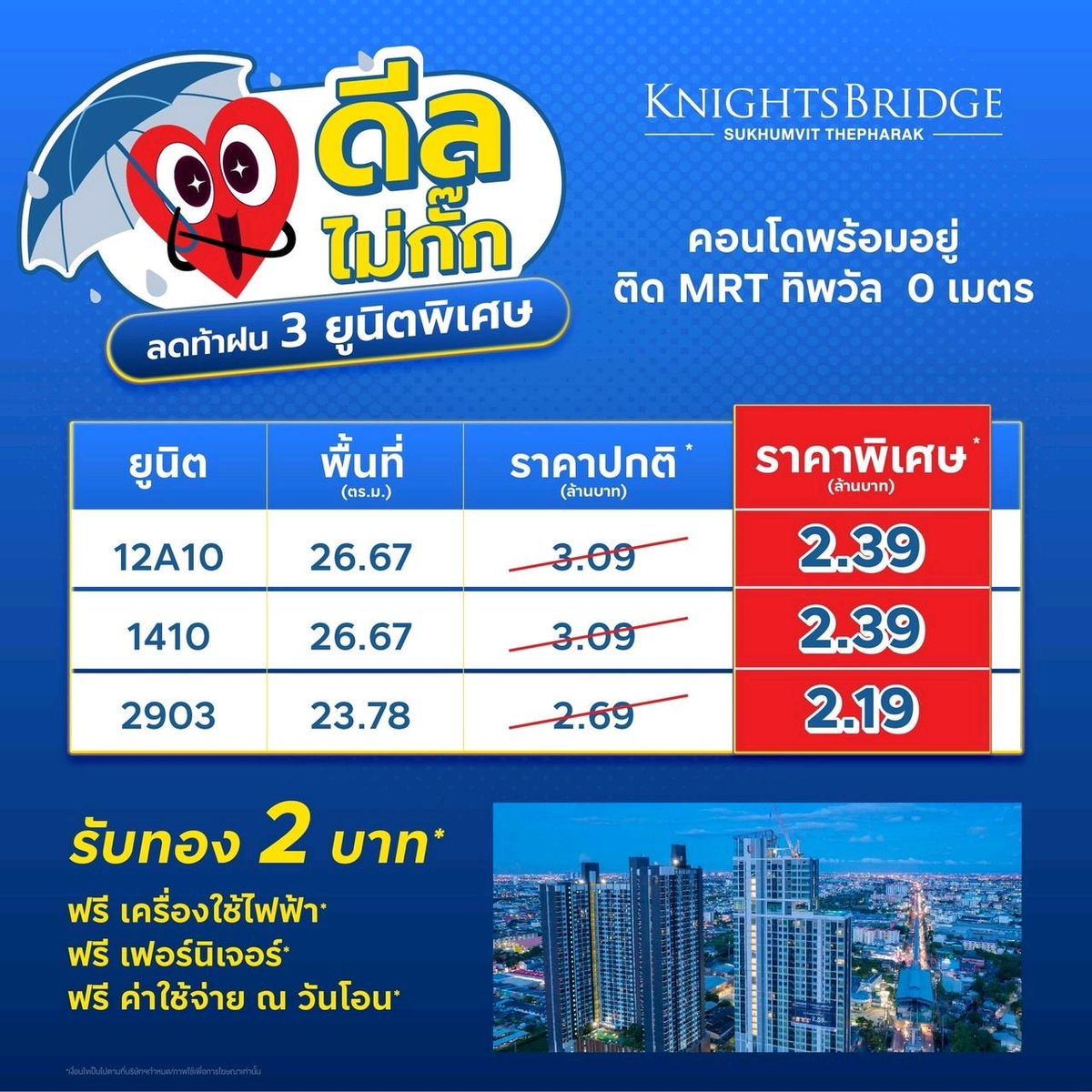 ขายคอนโดสมุทรปราการ สำโรง : ด่วน🔥🔥 โปรโมชั่นปิดตึก 3 Units สุดท้าย
KNIGHTSBRIDGE SUKHUMVIT - THEPHARAK 👍 คอนโดแต่งครบ พร้อมเข้าอยู่ ติด MRT ทิพวัล 0 เมตร ❤️ ส่วนลดของแถมสูงสุดกว่า 700,000 บาท* 
