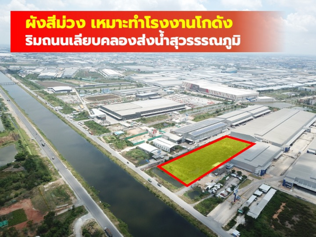 ขายที่ดินสมุทรปราการ สำโรง : ขาย ที่ดิน ผังสีม่วง ริมถนนเลียบคลองส่งน้ำสุวรรรณภูมิ บางพลี 10 ไร่กว่า
