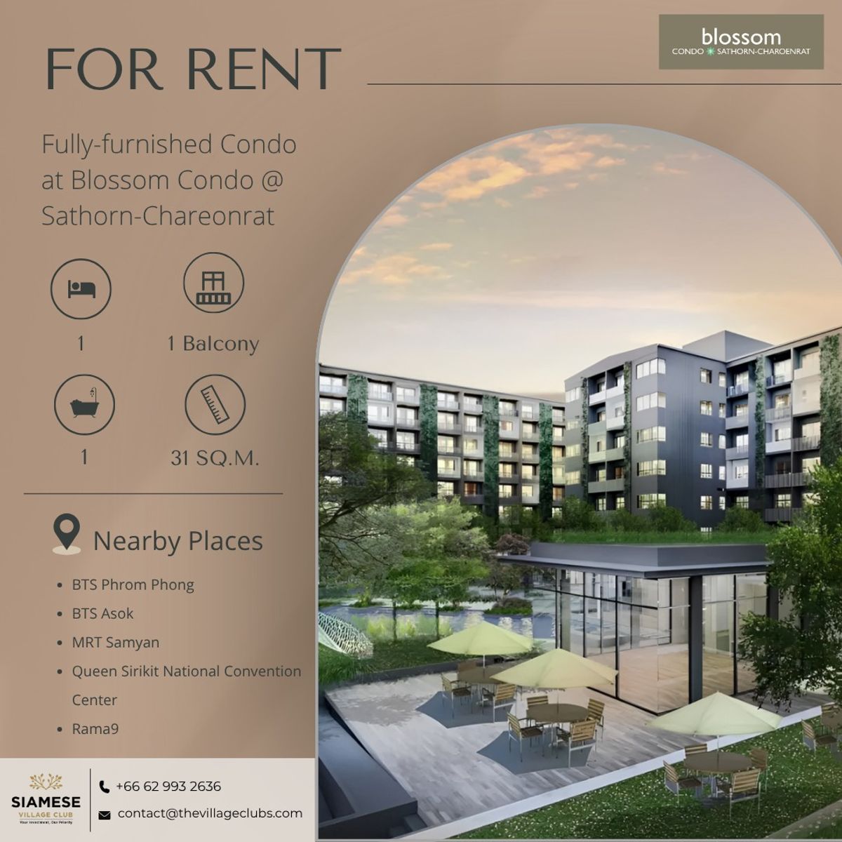 ให้เช่าคอนโดสาทร นราธิวาส : ให้เช่า คอนโด Duplex 1 ห้องนอน โครงการ Blossom Condo @ Sathorn Charoen Rat ใจกลางเมือง ทำเลดี