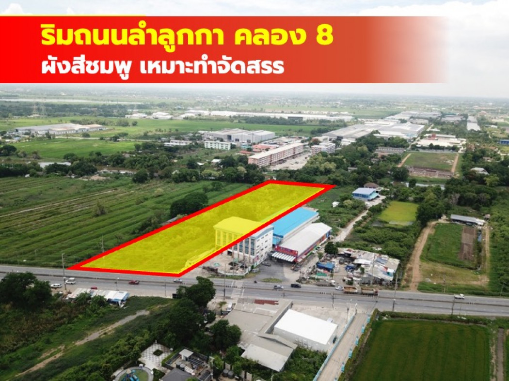 ขายที่ดินปทุมธานี รังสิต ธรรมศาสตร์ : ขาย ที่ดิน ผังสีชมพู คลอง8 ติดถนนลำลูกกา 10 ไร่กว่า เหมาะทำจัดสรร CC