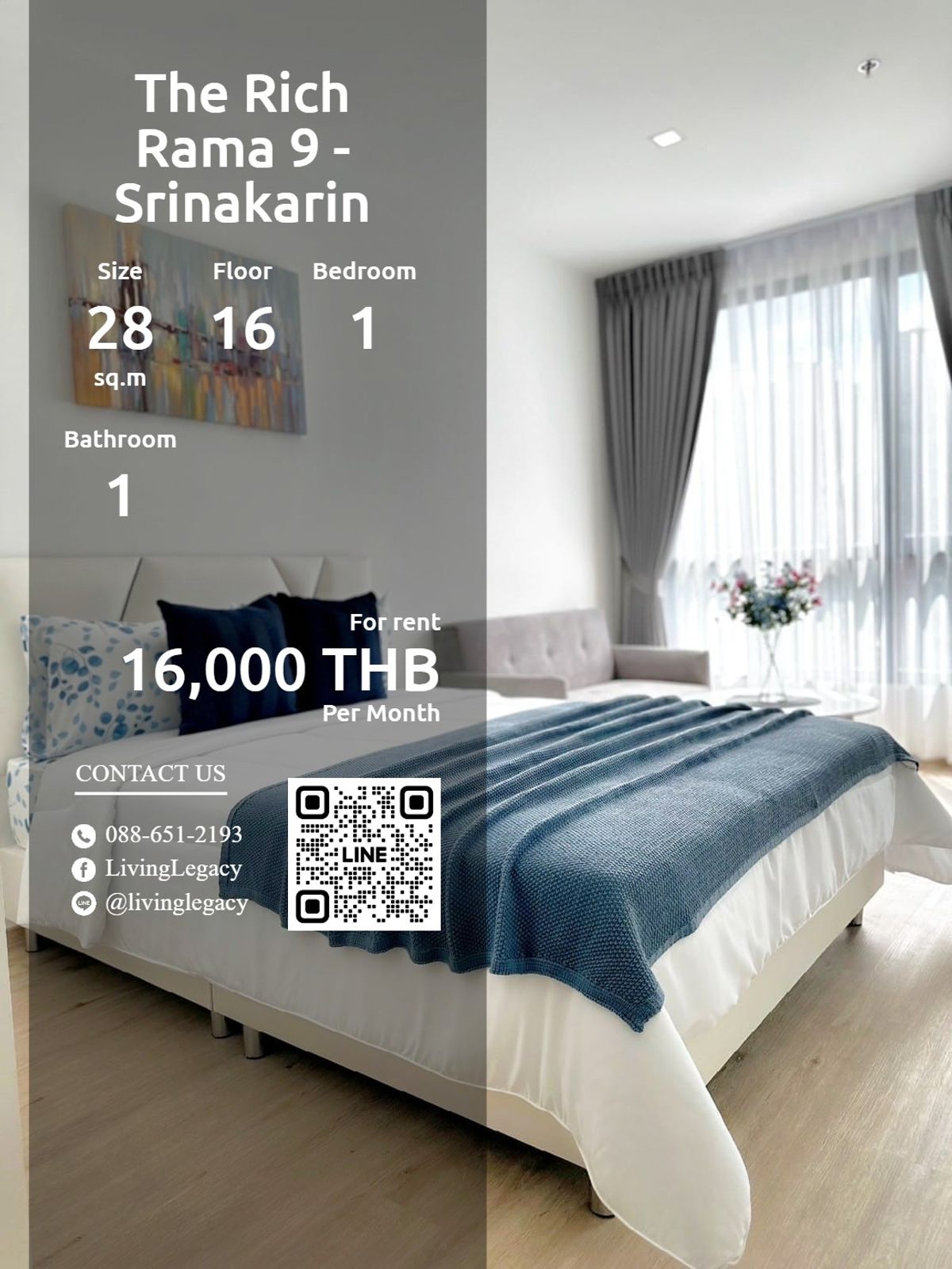 For RentCondoPattanakan, Srinakarin : SMQSJI Condo for rent The Rich Rama 9 - Srinakarin 28 sq.m., 16th floor, Line ID: @livingLegacy