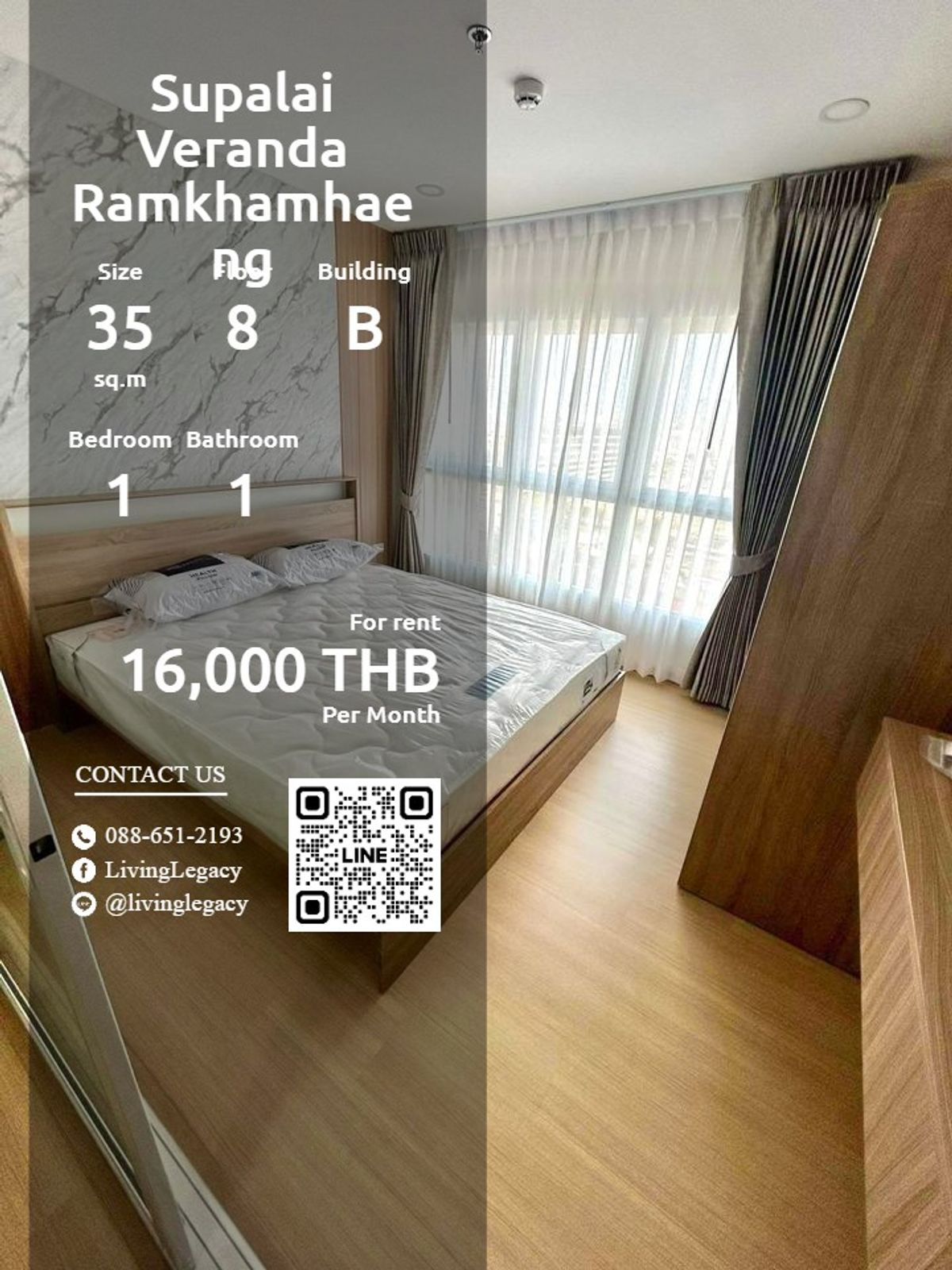 ให้เช่าคอนโดรามคำแหง หัวหมาก : SGT4WQ ให้เช่าคอนโด Supalai Veranda Ramkhamhaeng 35 ตร.ม. ชั้น 8 ตึก B line id : @livinglegacy
