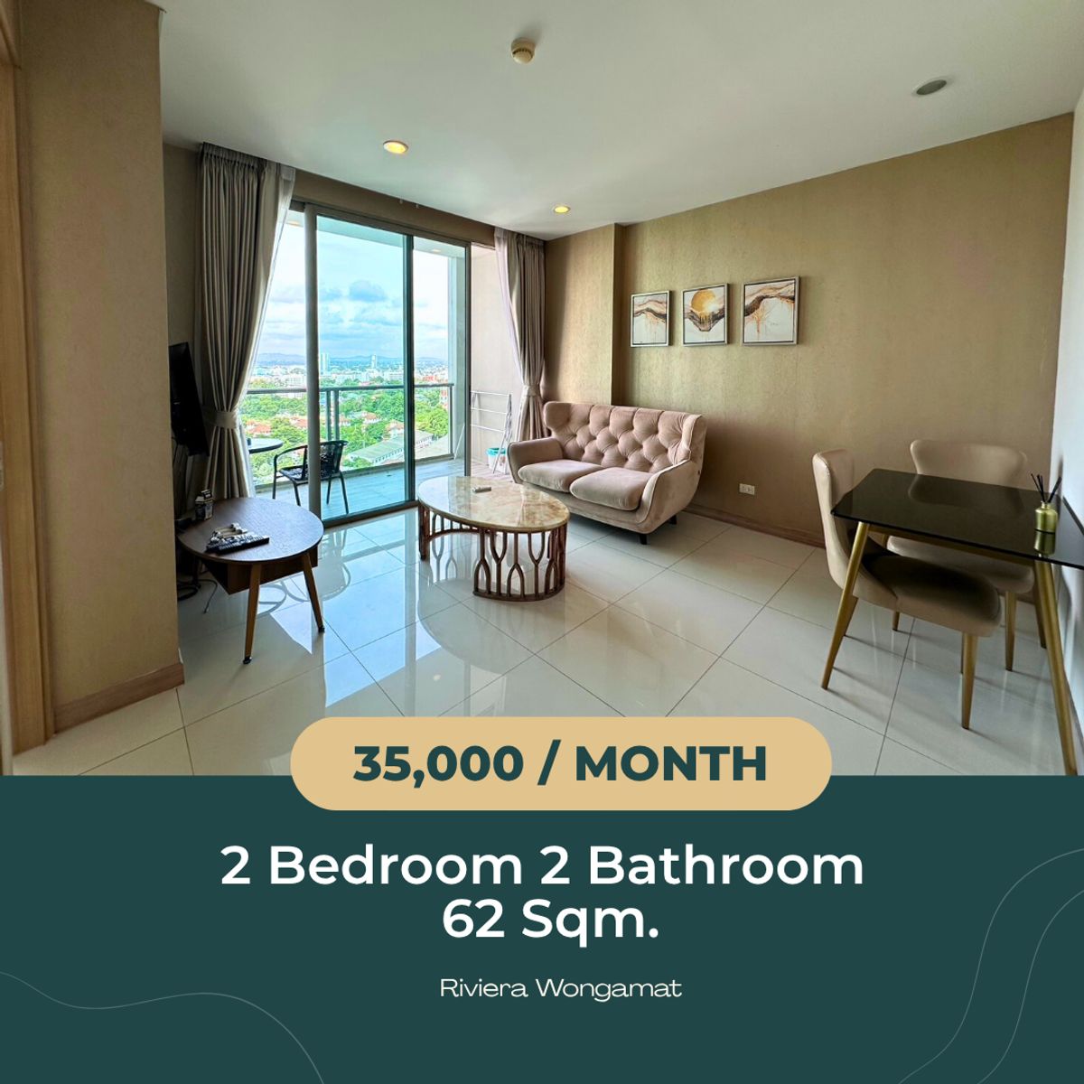 For RentCondoPattaya, Bangsaen, Chonburi : 🌊 The Riviera Wongamat | For Rent-35,000 Baht/Month ✨ 2-Bedroom (Combined Unit) | 62 SQ.M. | City & Amp; Sea View | 17th Floor