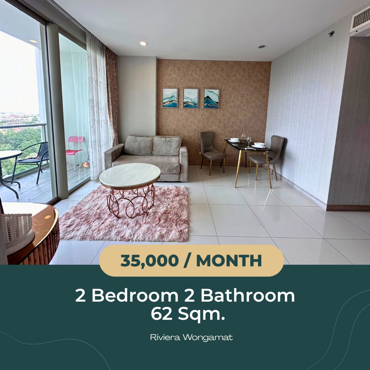 For RentCondoPattaya, Bangsaen, Chonburi : 🌊 The Riviera Wongamat | For Rent-35,000 Baht/Month ✨ 2-Bedroom (Combined Unit) | 62 SQ.M. | City & Amp; Sea View
