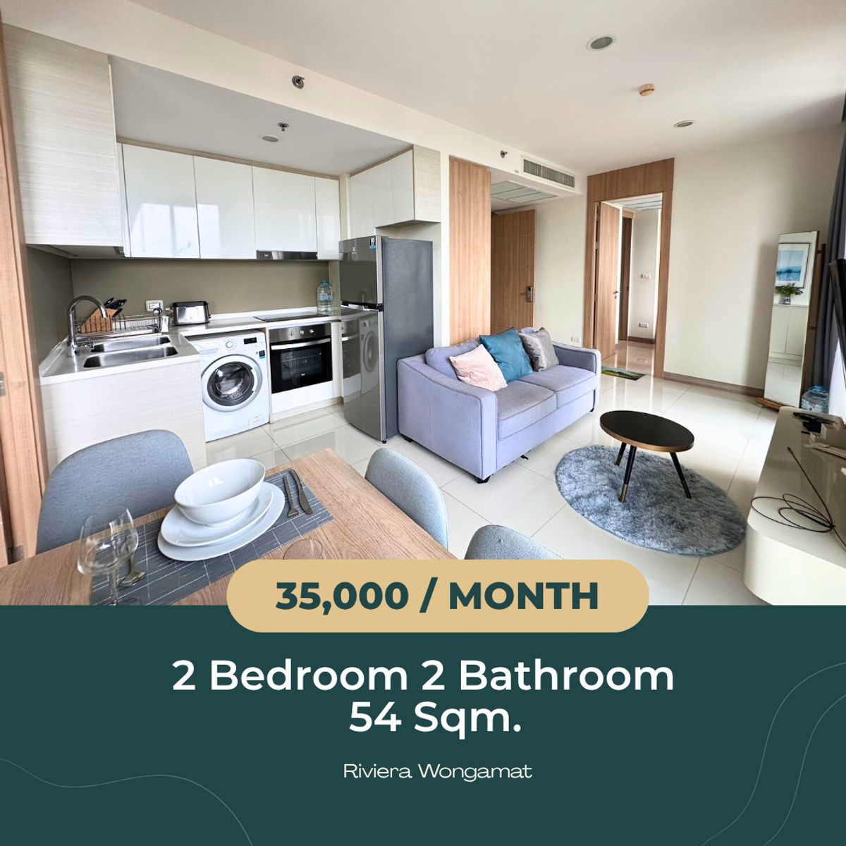 For RentCondoPattaya, Bangsaen, Chonburi : 🌊 The Riviera Wongamat | For Rent-35,000 Baht/Month ✨ 2-Bedroom (Combined Unit) | 62 SQ.M. | City & Amp; Sea View | 23rd Floor, Building B