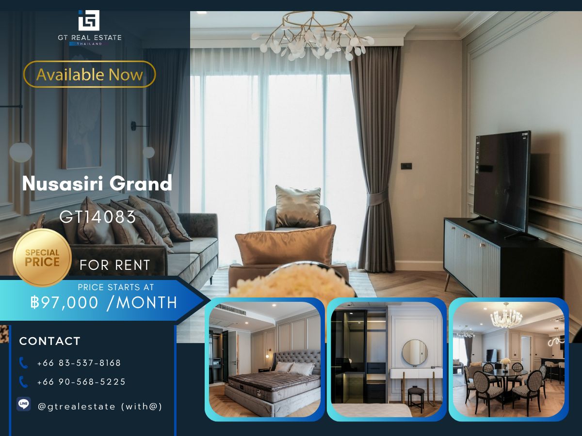 For RentCondoSukhumvit, Asoke, Thonglor : Nusasiri Grand Condo is convenient to travel next to the BTS train. There is a beautiful-luxurious dressing room. Complete furniture Ready to stay immediately !!!