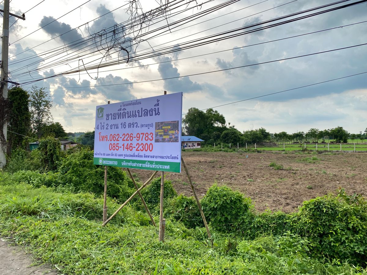 For SaleLandSing Buri : Land for sale in Sing Buri Opposite Phra Non Temple For doing business, factory, warehouse, hotel, 88 meters wide, 83 meters deep Next to Highway 3032