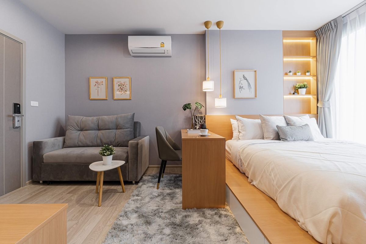For RentCondoBangna, Bearing, Lasalle : For rent IDEO Mobi EastPoint, a beautiful decorative studio room, LINE @rainyproperty