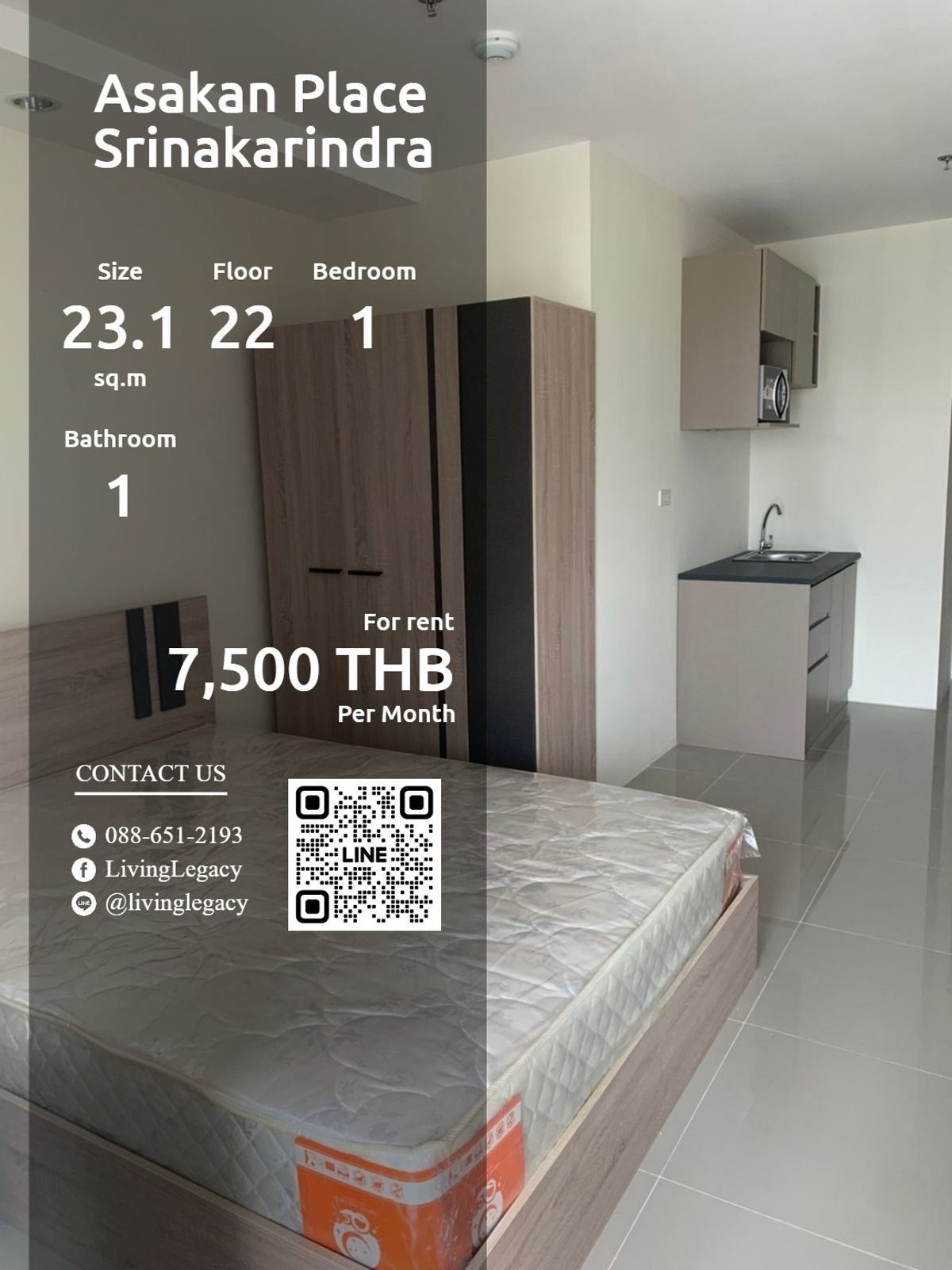ให้เช่าคอนโดพัฒนาการ ศรีนครินทร์ : LX6AHUQO ให้เช่าคอนโด Asakan Place Srinakarindra 23.16 ตร.ม. ชั้น 22 line id : @livinglegacy