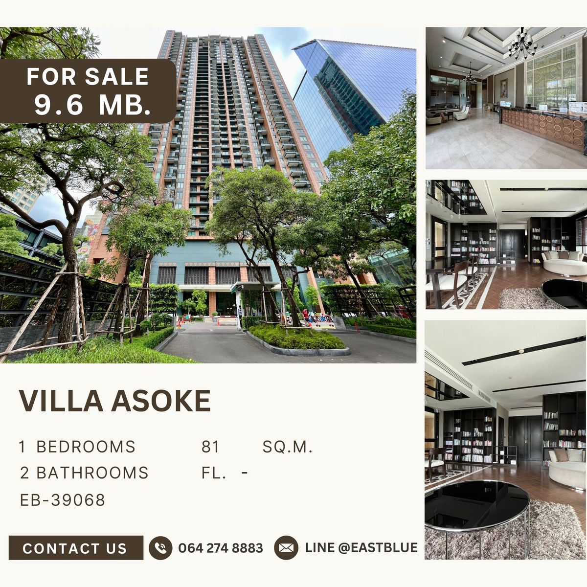 For RentCondoRama9, Petchburi, RCA : The big room is fully decorated! Villa Asoke 1 Bedroom 81 sq.m. Near MRT Phetchaburi, just rent only 45,000 baht/month. Contact 0968623850