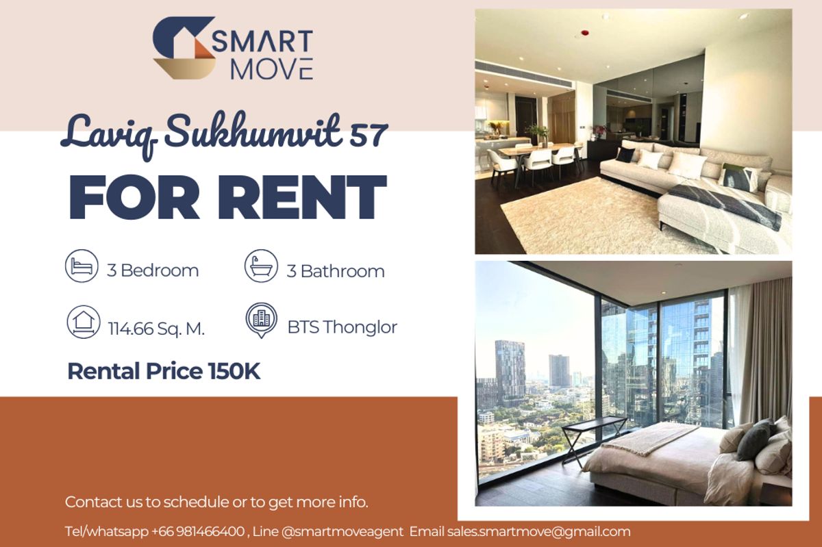 For RentCondoSukhumvit, Asoke, Thonglor : 🔥 For Rent !!🔥 Code C20250200025..........Laviq Sukhumvit 57, 3 bedroom, 3 bathroom, high floor 18++, South Facing, furnished, ready to move in 📣📣