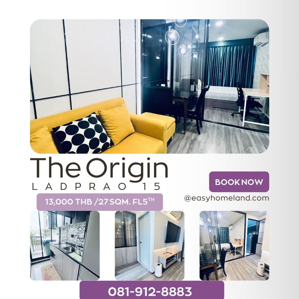 For RentCondoLadprao, Central Ladprao : 🔥The Origin Ladprao15🔥 Rent 13,000 baht, room size 27 sqm.
