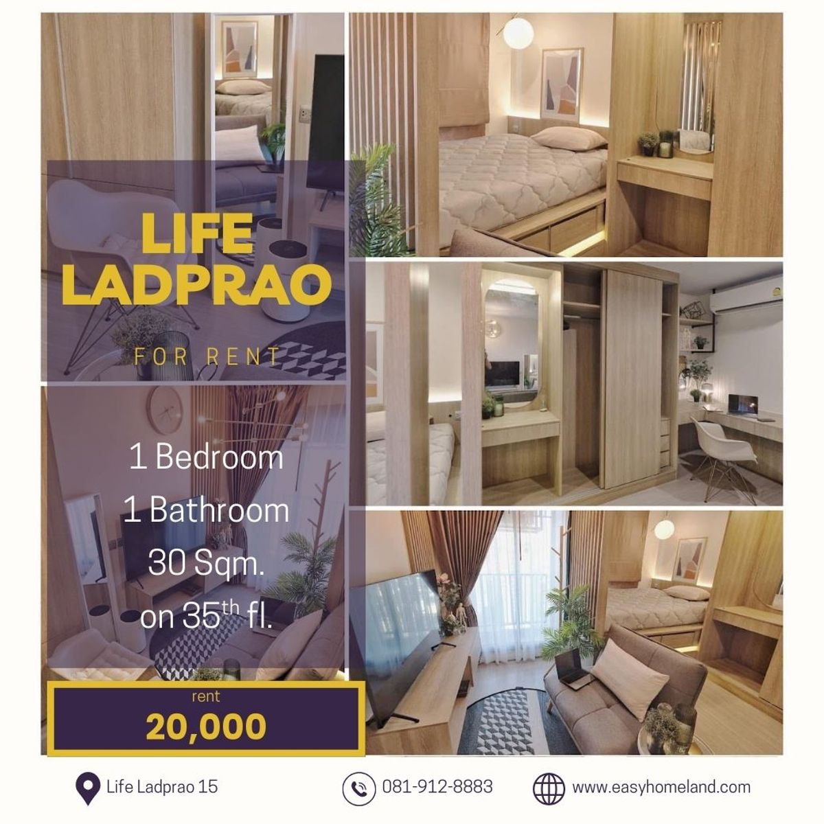 For RentCondoLadprao, Central Ladprao : 🔥 Life Ladprao 🔥 Rent 20,000 baht, room size 35 sqm. Floor 35, complete furniture ready.