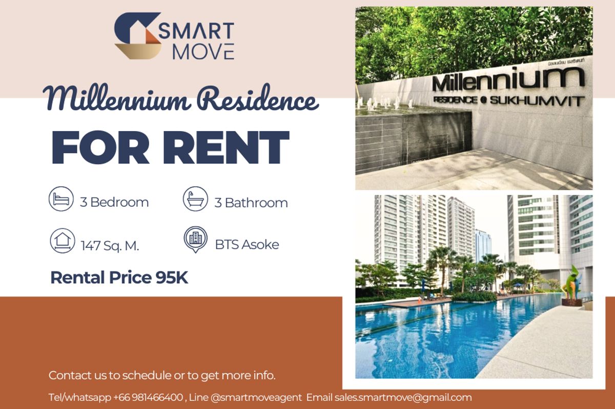 ให้เช่าคอนโดสุขุมวิท อโศก ทองหล่อ : 🔥 สำหรับเช่า !!🔥 Code C20250700023..........Millennium Residence, 3 ห้องนอน, 3 ห้องน้ำ, ชั้นสูง 37++, ทำเลทอง, แต่งครบ, พร้อมเข้าอยู่ 📣📣