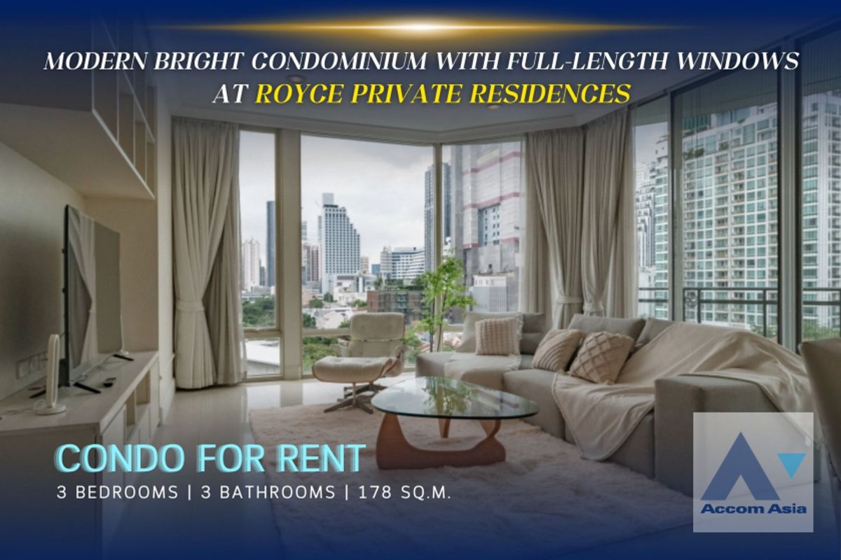 For RentCondoSukhumvit, Asoke, Thonglor : 🔼AccomA🔽Corner Unit  Modern Bright Condo with Full-Length Windows in Sukhumvit (AA30109)