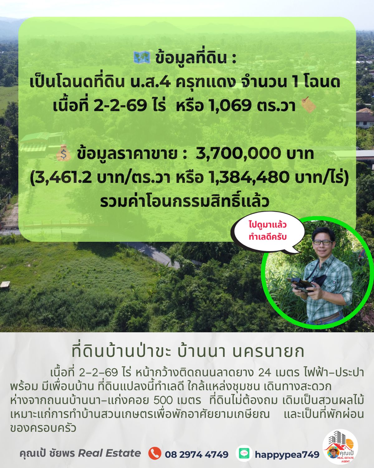 ขายที่ดินนครนายก : 💰 ขายที่ดินบ้านป่าขะ บ้านนา นครนายก เนื้อที่ 2-2-69 ไร่ โฉนดครุฑแดง ติดถนนดำ ทำเลดี ใกล้ชุมชน ขายถูกมาก เหมาะสำหรับทำบ้านสวนเกษตรพักอาศัยหลังเกษียณ 