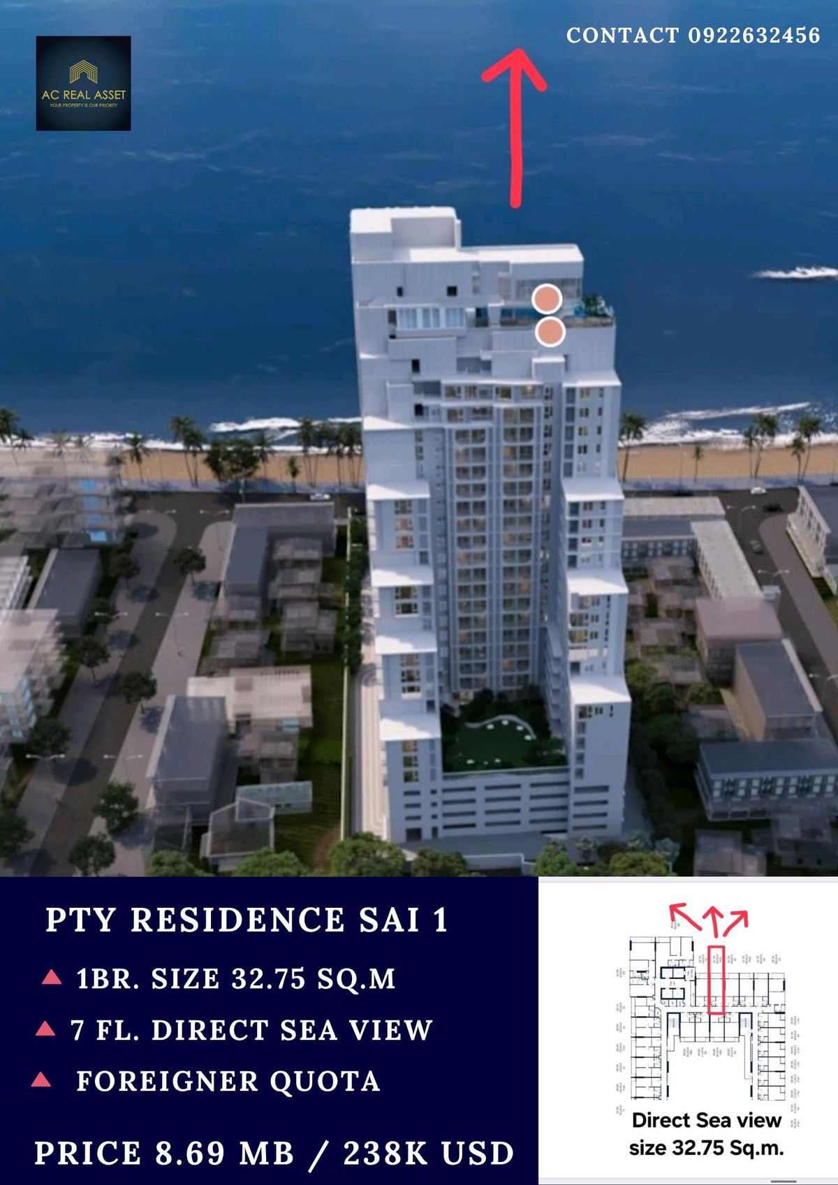 ขายคอนโดพัทยา บางแสน ชลบุรี สัตหีบ : Cheapest Sea View Unit in PTY Residence – Foreign Name