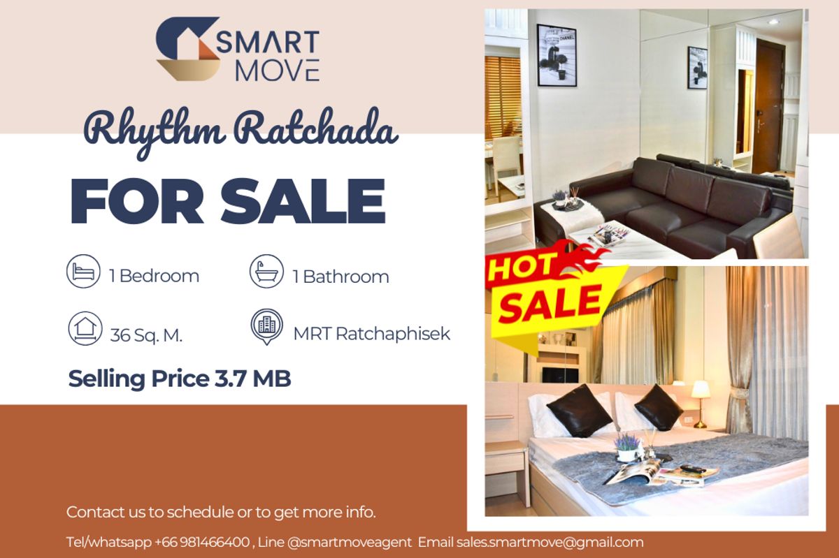 ขายคอนโดรัชดา ห้วยขวาง : 🔥 ขายพร้อมผู้เช่า !!🔥 Code C20231100483..........Rhythm Ratchada, 1 ห้องนอน, 1 ห้องน่้ำ, ห้องทิศเหนือ แต่งครบ, ขายขาดทุน!!📣📣