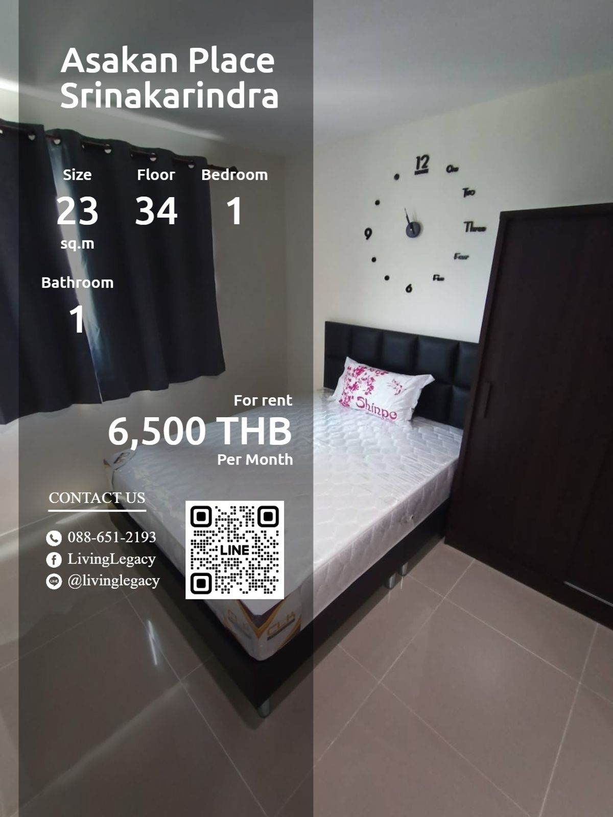 ให้เช่าคอนโดพัฒนาการ ศรีนครินทร์ : LVBYQWM6 ให้เช่าคอนโด Asakan Place Srinakarindra 23 ตร.ม. ชั้น 34 line id : @livinglegacy