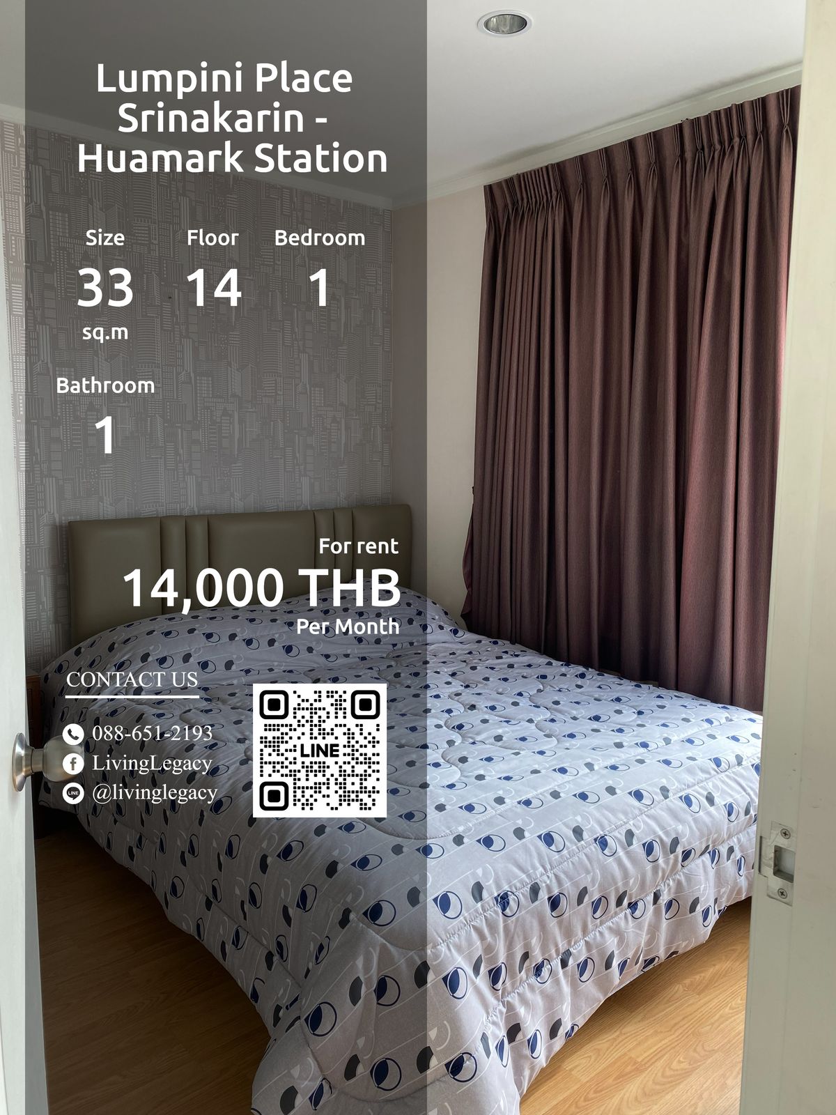 ให้เช่าคอนโดพัฒนาการ ศรีนครินทร์ : SZE9K3 ให้เช่าคอนโด Lumpini Place Srinakarin - Huamark Station 33 ตร.ม. ชั้น 14 line id : @livinglegacy