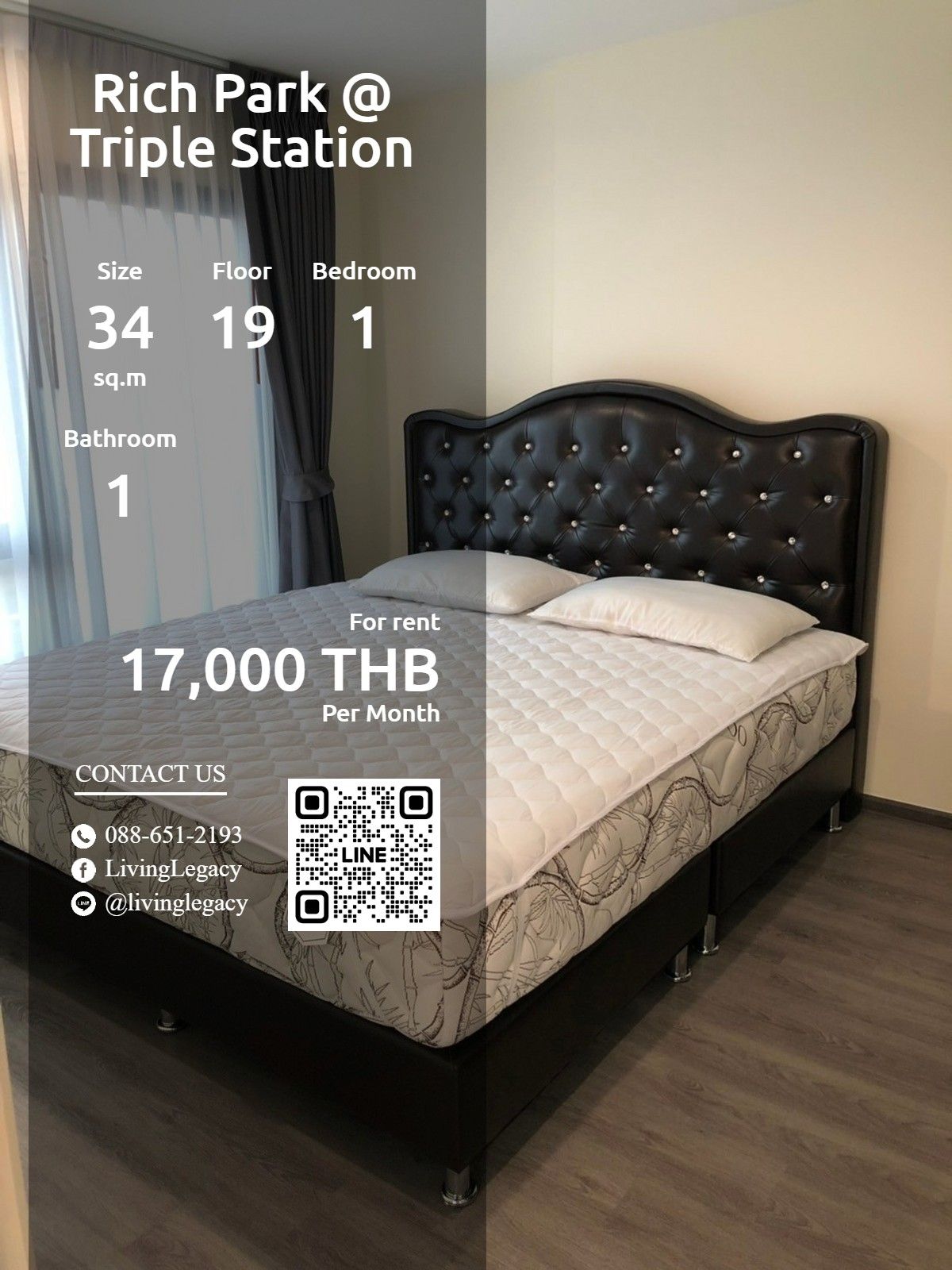 For RentCondoPattanakan, Srinakarin : SJULNB Condo for Rich Park @ Triple Station 34 sq.m., Floor 19 Line ID: @livingLegacy