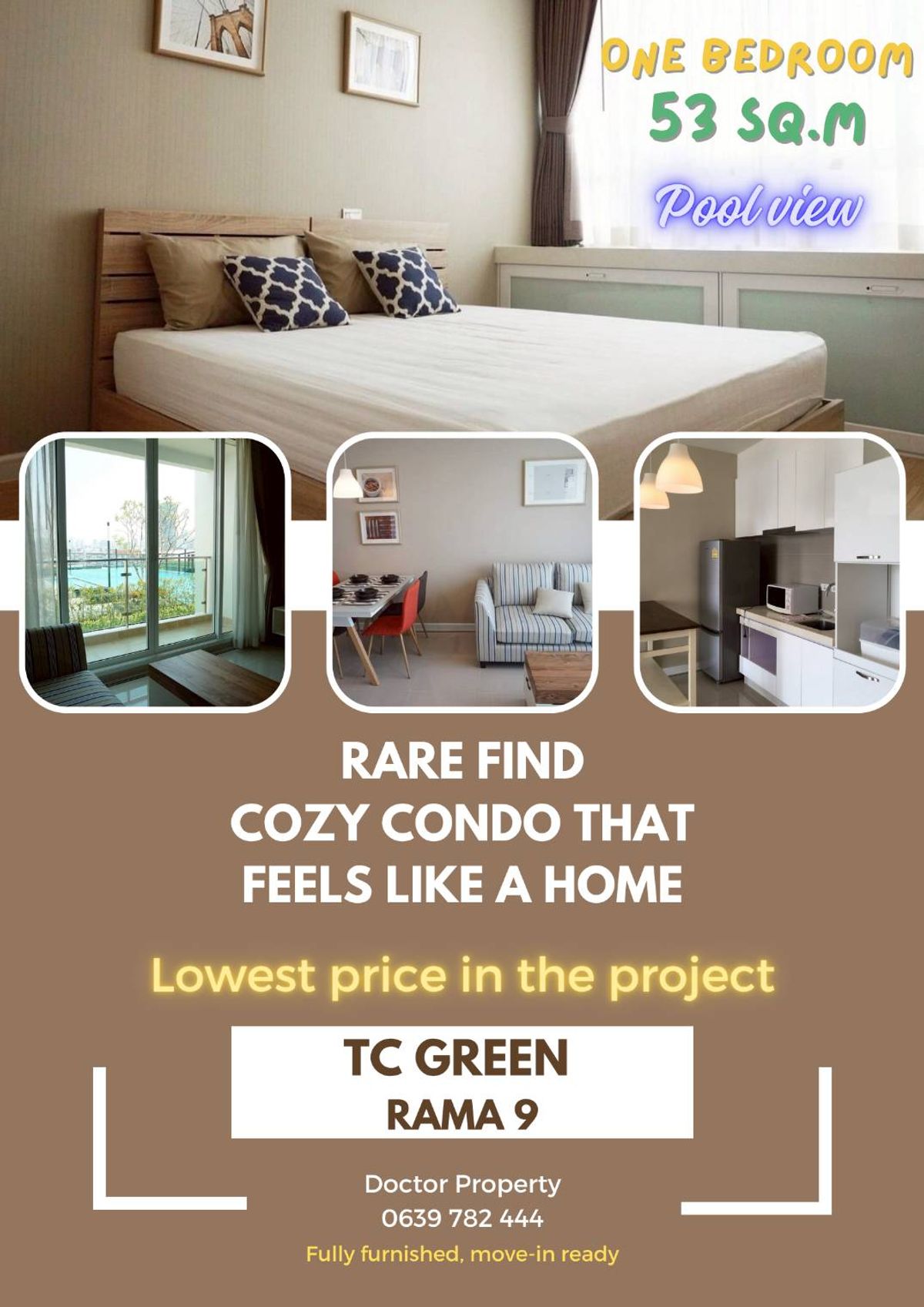 For SaleCondoRama9, Petchburi, RCA : 🏡 Rare Find! Cozy Condo That Feels Like a Home – Pool View, Prime Rama 9 Location 公寓就在拉玛九医院旁！靠近皮雅威医院、酒店、MRT，地段超优 TC GREEN Condominium For SALE One Bedroom, 53 Sq.m., Fully Furnished Ready to move in!