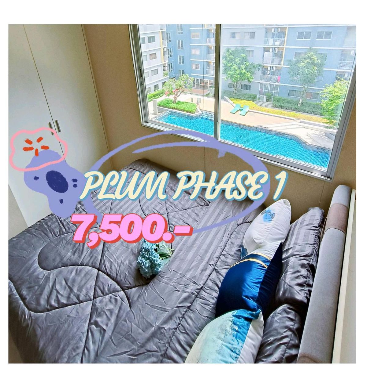 For RentCondoPathum Thani,Rangsit, Thammasat : Luxury room, cheap pool view near Bangkok University