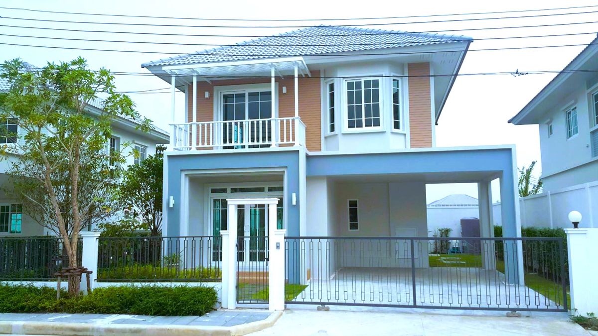 For RentHouseNawamin, Ramindra : KH0313 2-story house for rent, empty house, Chuanchuen City North Ville-Watcharaapol Project, American Cottage Style near Ram Inthra Expressway-At Narong Ramintra tree location Near 3 electric train lines (pink, green, gray-in the future)