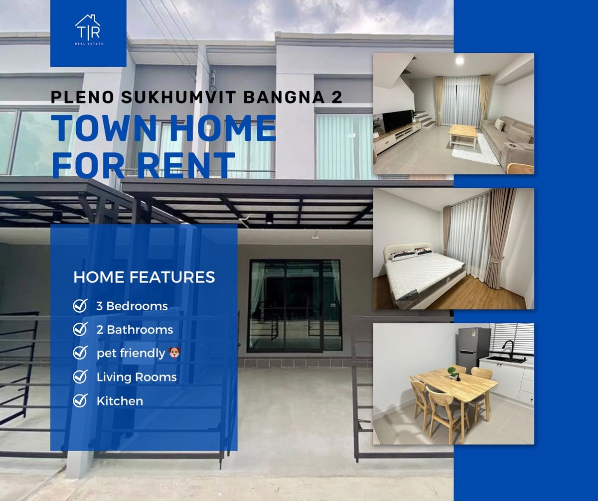 For RentTownhomeBangna, Bearing, Lasalle : 🔥 Rent now! PLENO Sukhumvit - Bang Na 2 | 3 Bedrooms 106 sq.m. Near Mega Bangna | 33,000 baht | Line: @323GQMHO | Ref: T1875