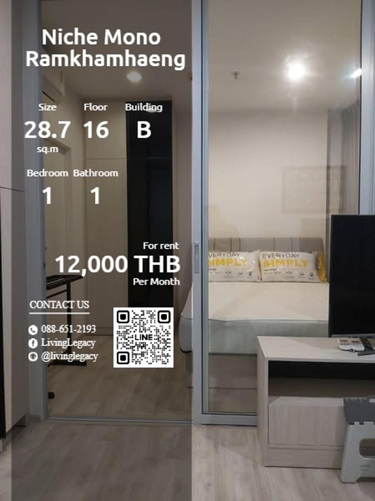 ให้เช่าคอนโดรามคำแหง หัวหมาก : SZMGAG ให้เช่าคอนโด Niche Mono Ramkhamhaeng 28.75 ตร.ม. ชั้น 16 ตึก B line id : @livinglegacy