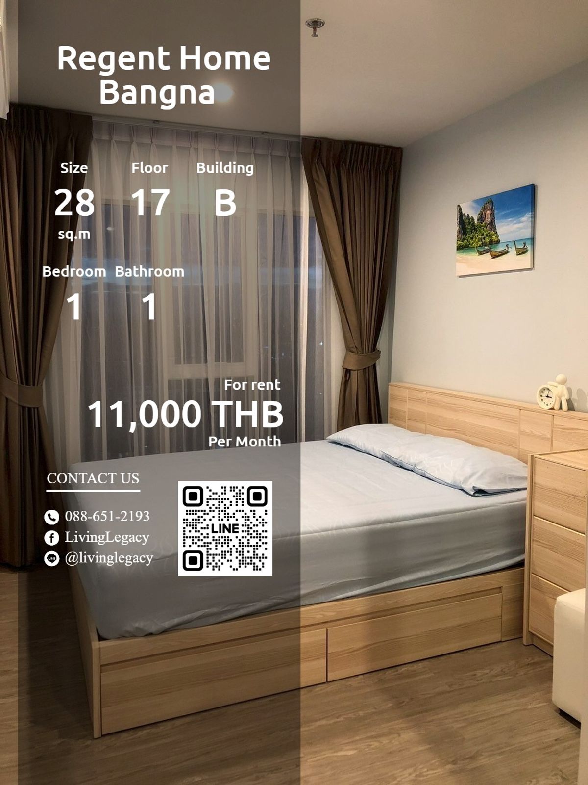 ให้เช่าคอนโดบางนา แบริ่ง ลาซาล : SX9QID ให้เช่าคอนโด Regent Home Bangna 28 ตร.ม. ชั้น 17 ตึก B line id : @livinglegacy