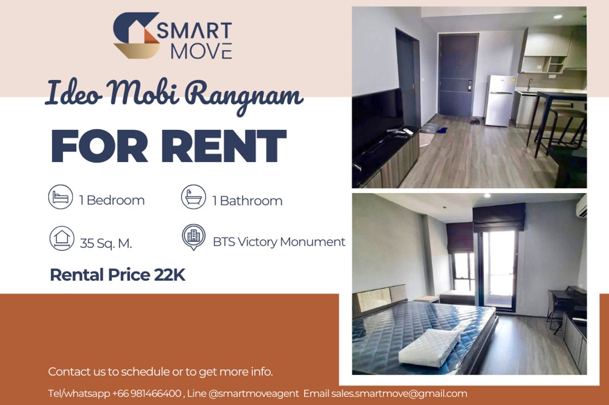 For RentCondoRatchathewi,Phayathai : 🔥 For Rent !!🔥 Code C20250700052..........Ideo Mobi Rangnam, 1 bedroom, 1 bathroom, high floor 15++, furnished, ready to move in 📣📣