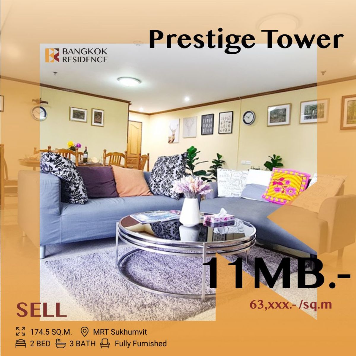 For SaleCondoSukhumvit, Asoke, Thonglor : 📌 Large 2-Bedroom Condo at Exclusive Price ✅ , Prestige Tower near  to MRT Sukhumvit