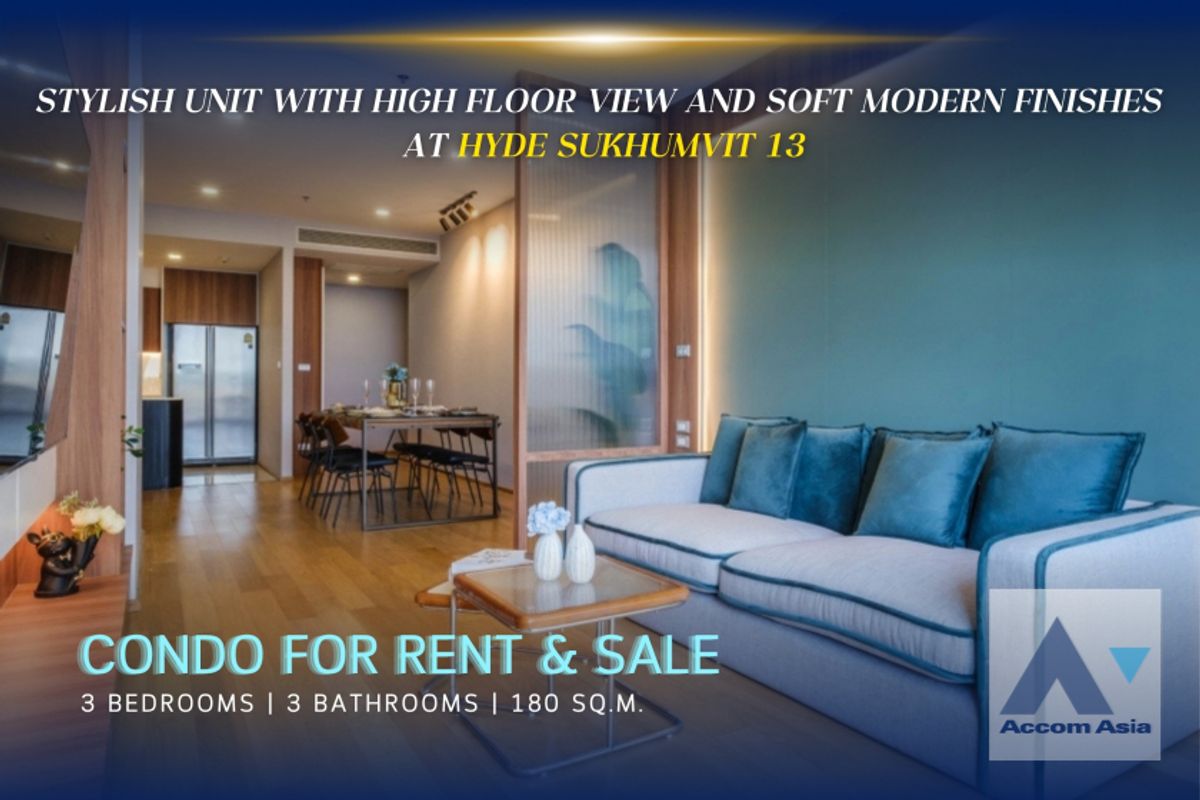 For RentCondoNana, North Nana,Sukhumvit13, Soi Nana : 🔼AccomA🔽 Big Balcony Stylish unit with high floor view and soft modern finishes at HYDE Sukhumvit 13 (AA35582)
