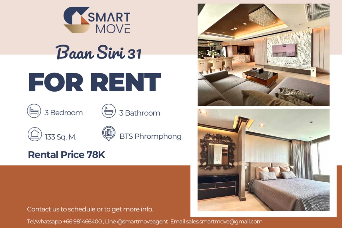 ให้เช่าคอนโดสุขุมวิท อโศก ทองหล่อ : 🔥 สำหรับเช่า !! 🔥 Code C20221206682..........Baan Siri 31, 3 ห้องนอน, 3 ห้องน้ำ, ชั้นสูง 19++, แต่งครบ, พร้อมเข้าอยู่ 📣📣