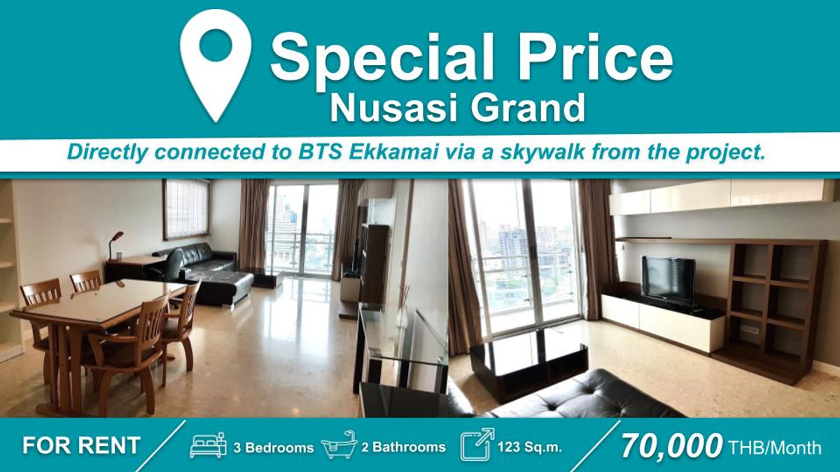 ให้เช่าคอนโดสุขุมวิท อโศก ทองหล่อ : (ปล่อยเช่า) คอนโด Nusasiri Grand I 3-BR เฟอร์+เครื่องใช้ไฟฟ้าครบ ㅡ ใกล้ 🚆BTS เอกมัย																									