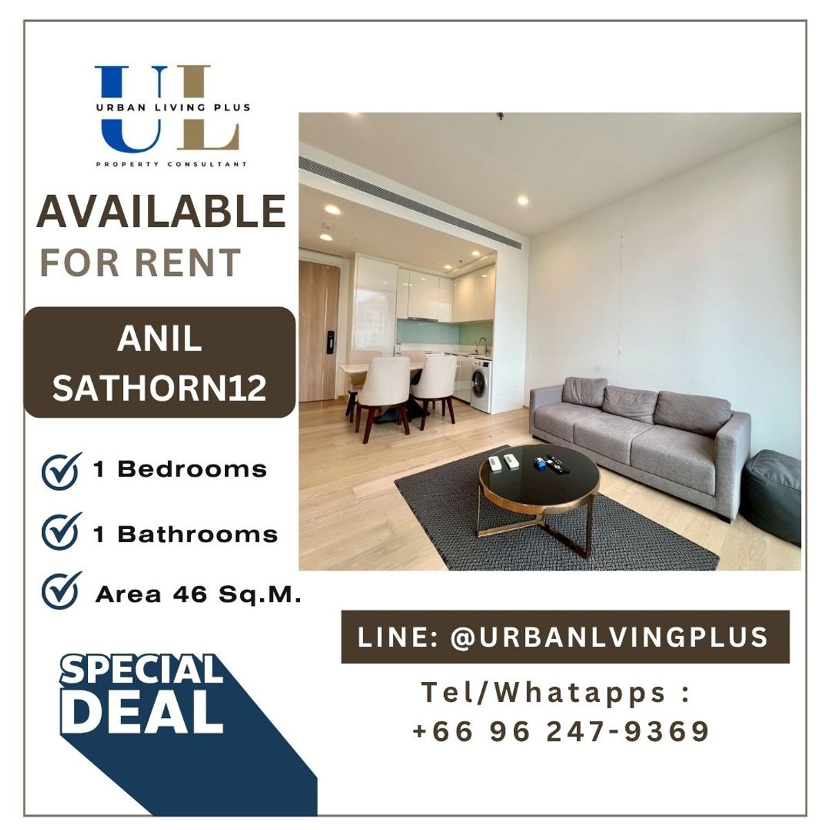 For RentCondoSathorn, Narathiwat : ( U20250723100 ) Tel/Line 096-2479369 , FOR RENT ANIL Sathorn12 , 1 Bedroom 1 Bathroom 46 Sq.M. High Floor Nice room