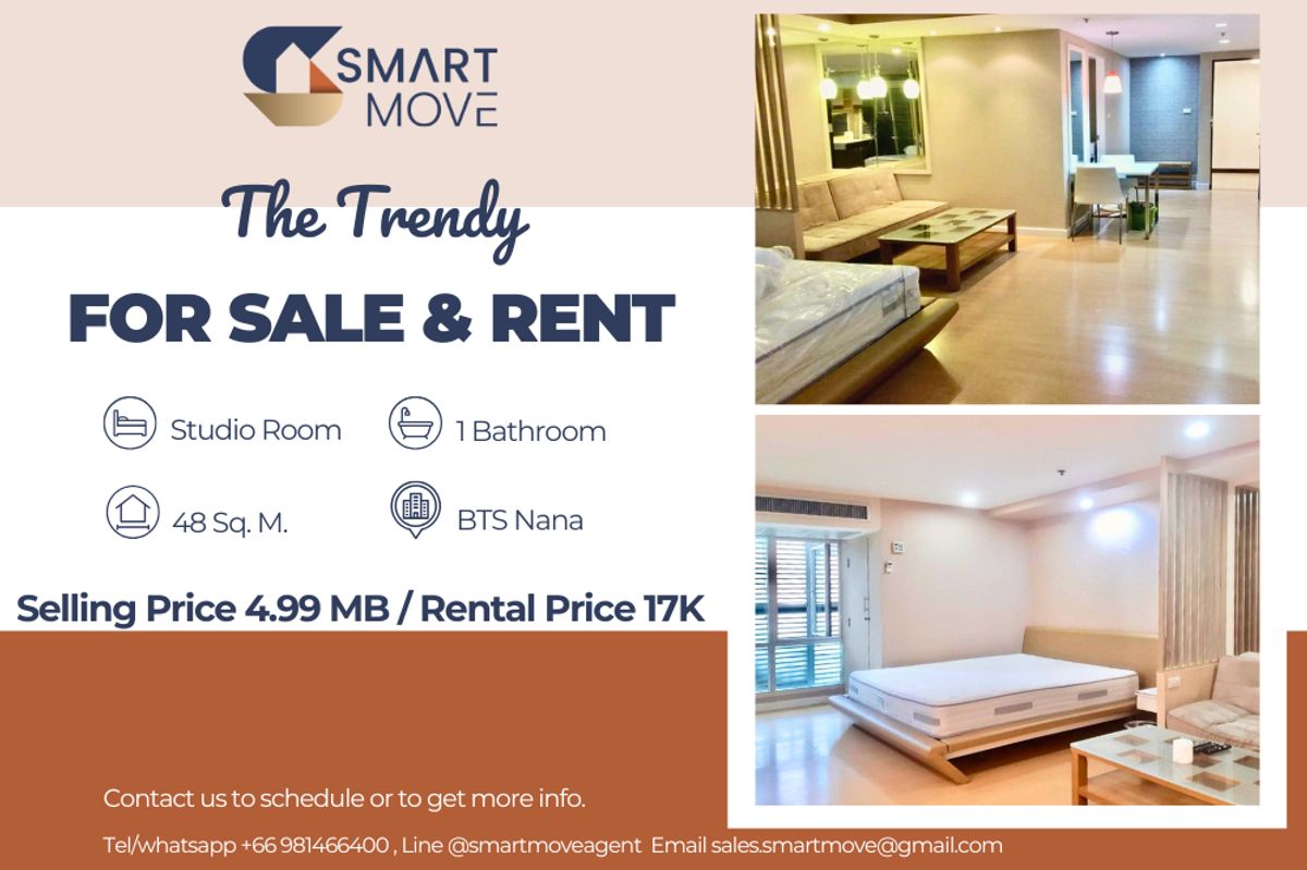 คอนโดนานา : 🔥 สำหรับขาย - เช่า !!🔥 Code C20240800038..........The Trendy, ห้องสตูดิโอ, 1 ห้องน้ำ, ชั้นสูง 10++, แต่งครบ, พร้อมเข้าอยู่, ราคาพิเศษ!!📣📣