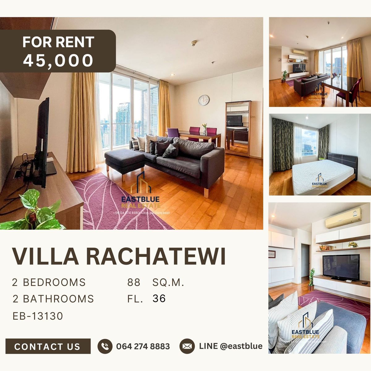 ให้เช่าคอนโดราชเทวี พญาไท : Villa Ratchatewi  for rent 45,000   baht 2 bed  84 sqm