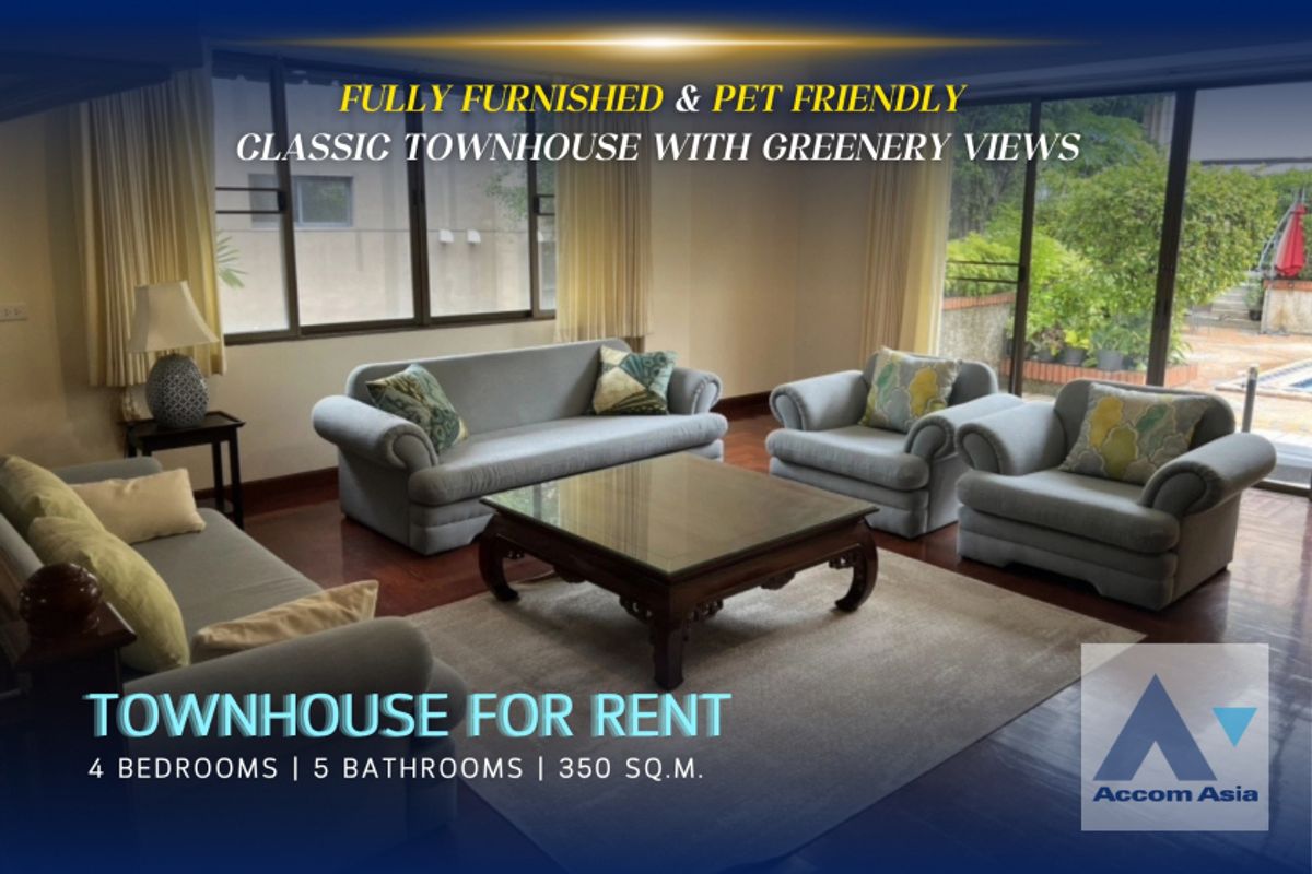 For RentTownhomeSukhumvit, Asoke, Thonglor : 🔼AccomA🔽 Fully Furnished, Corner Unit, Pet friendly Classic Townhouse with greenery views and warm wooden tones (AA32315)