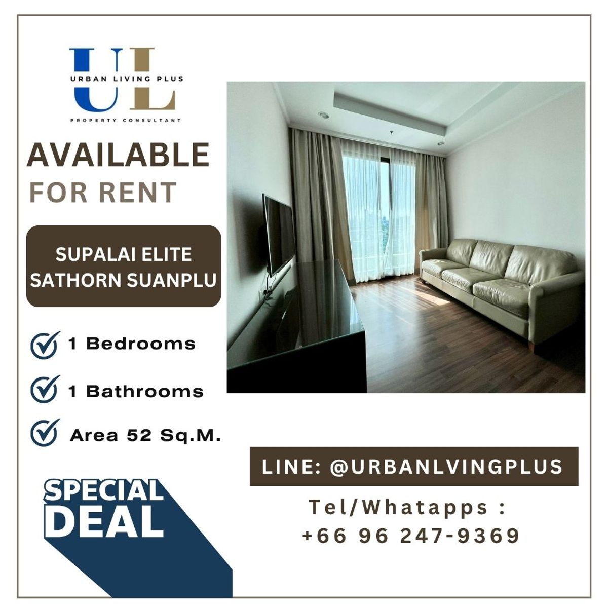 For RentCondoSathorn, Narathiwat : ( U20250729100 ) Tel/Line 096-2479369 FOR RENT SUPALAI ELITE SATHORN - SUANPLU 1 bedroom 52 sqm. Corner room BEST Price!!!