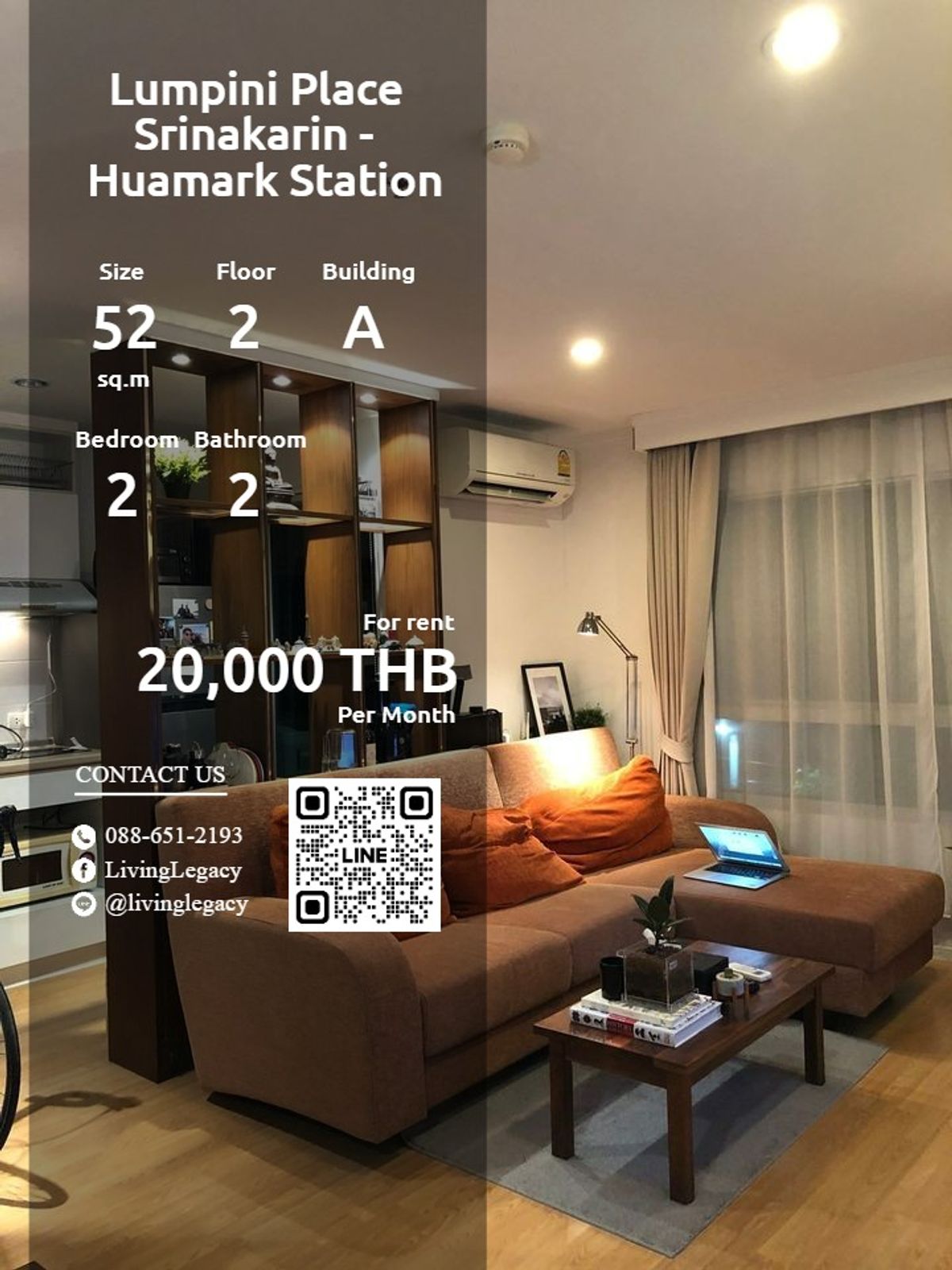 For RentCondoPattanakan, Srinakarin : Sh697A Condo for Lumpini Place Srinakarin - Huamark Station 52 sq.m., 2nd floor, Line ID: @livingLegacy