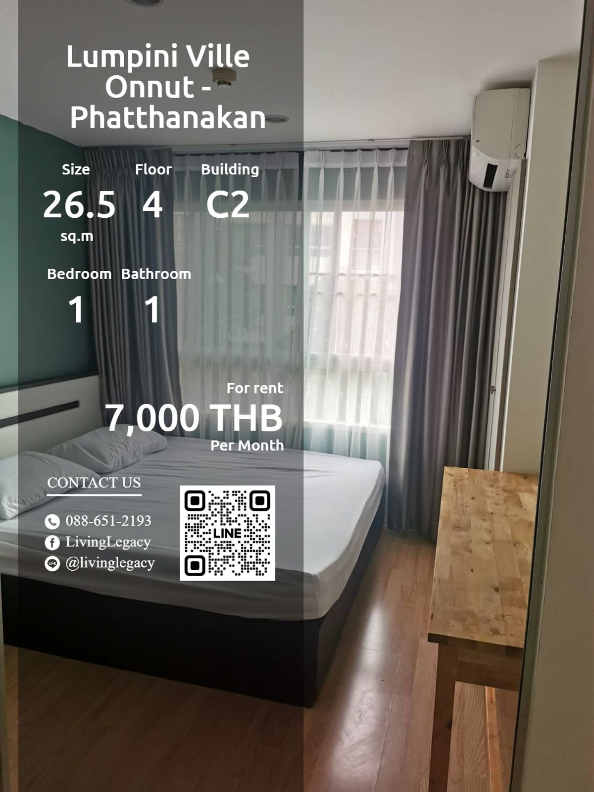 ให้เช่าคอนโดพัฒนาการ ศรีนครินทร์ : SKQG8N ให้เช่าคอนโด Lumpini Ville Onnut - Phatthanakan 26.5 ตร.ม. ชั้น 4 ตึก C2 line id : @livinglegacy