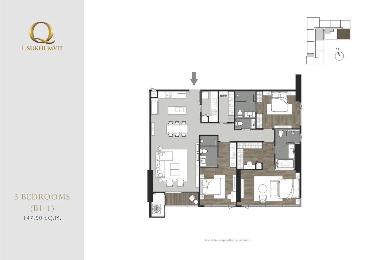 For SaleCondoNana, North Nana,Sukhumvit13, Soi Nana : Pro Cook Q1 Sukhumvit 3 Beds 4 Baths 147.5 SQ.M. P/F ** Fixed 2 Parking