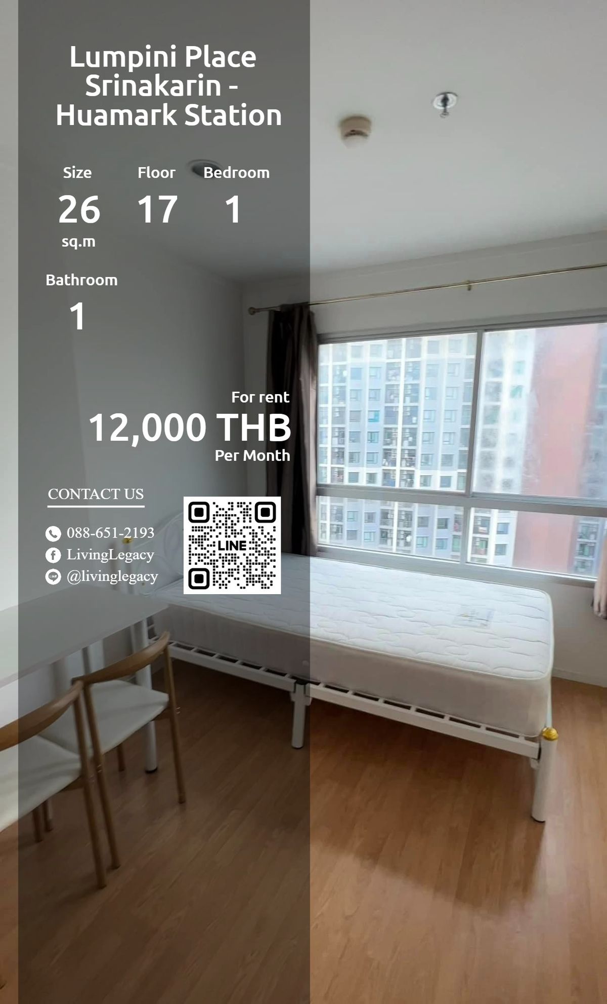 ให้เช่าคอนโดพัฒนาการ ศรีนครินทร์ : SJ24QL ให้เช่าคอนโด Lumpini Place Srinakarin - Huamark Station 26 ตร.ม. ชั้น 17 line id : @livinglegacy