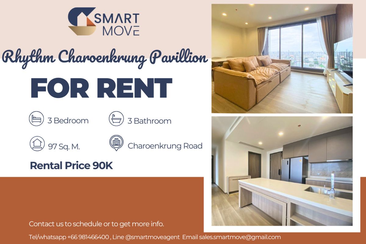 ให้เช่าคอนโดสาทร นราธิวาส : 🔥 สำหรับเช่า !!🔥 Code C20250700071..........Rhythm Charoenkrung Pavillion, 3 ห้องนอน, 3 ห้องน้ำ, ห้องทิศตะวันออก, ชั้นสูง 32++, แต่งครบ, พร้อมเข้าอยู่ 📣📣