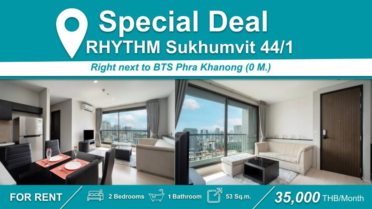 For RentCondoOnnut, Udomsuk : (For rent) 🟢RHYTHM Sukhumvit 44/1 I 2ฺBR, beautiful room, fully furnished + complete electrical appliances. Ready to move in ㅡ near 🚆BTS Phra Khanong